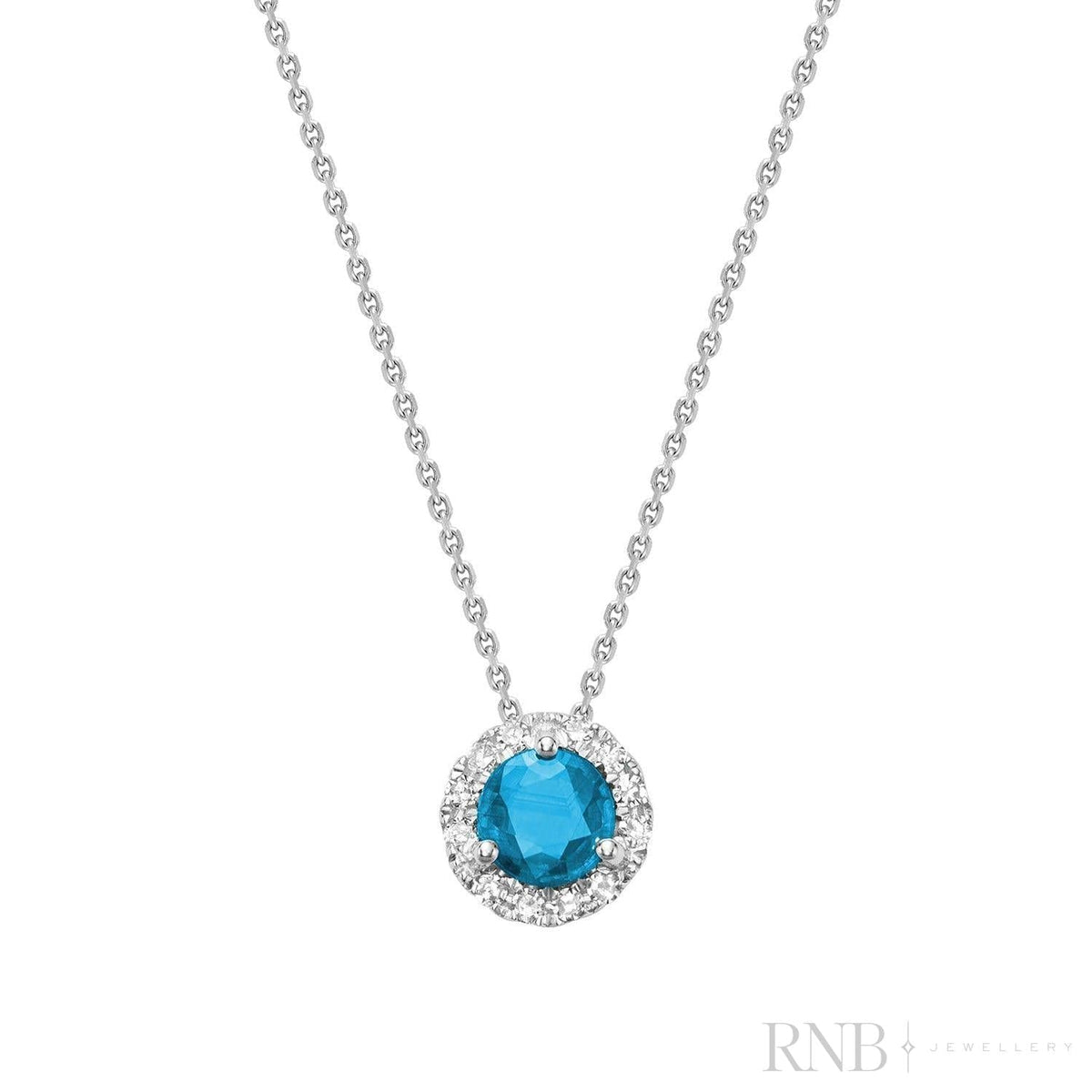 09-0410MC0BT - Blue Topaz & Diamond Halo Pendant - White Gold