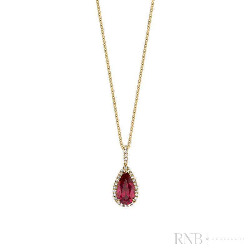 09-0410PYCRU - Pear Shape Created Ruby & Halo Diamond Pendant - Yellow Gold