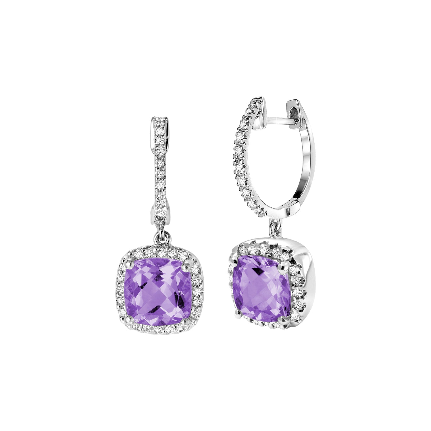 Boucles d'oreilles pendantes en pierres précieuses taille coussin et halo de diamants