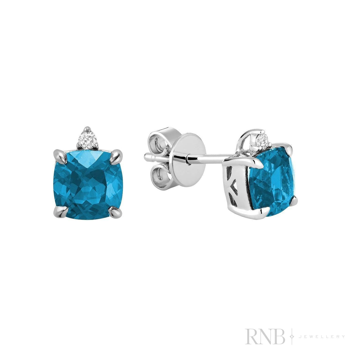 Cushion Cut Sky Blue Topaz & Diamond Stud Earrings - White Gold