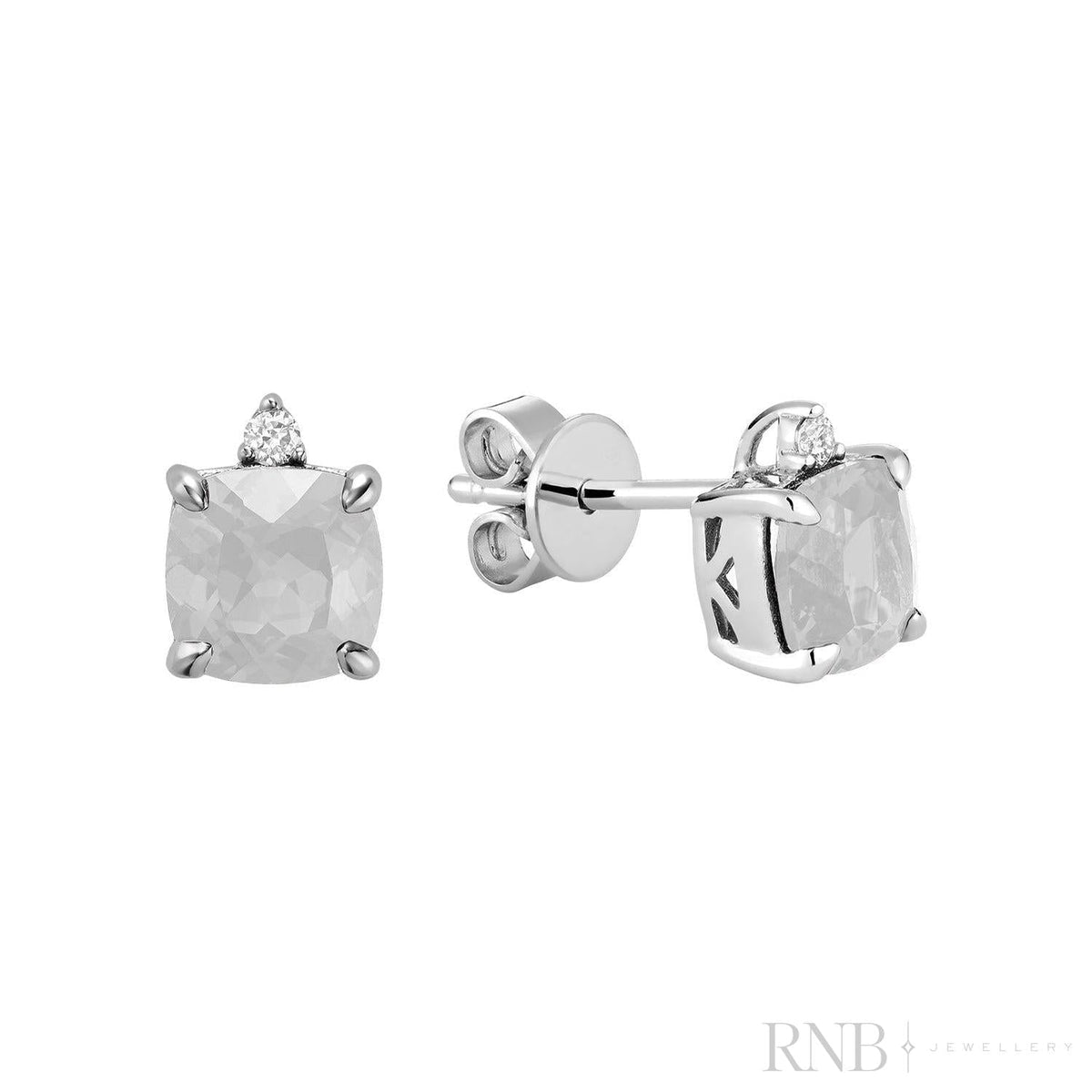 Cushion Cut White Topaz & Diamond Stud Earrings - Yellow Gold
