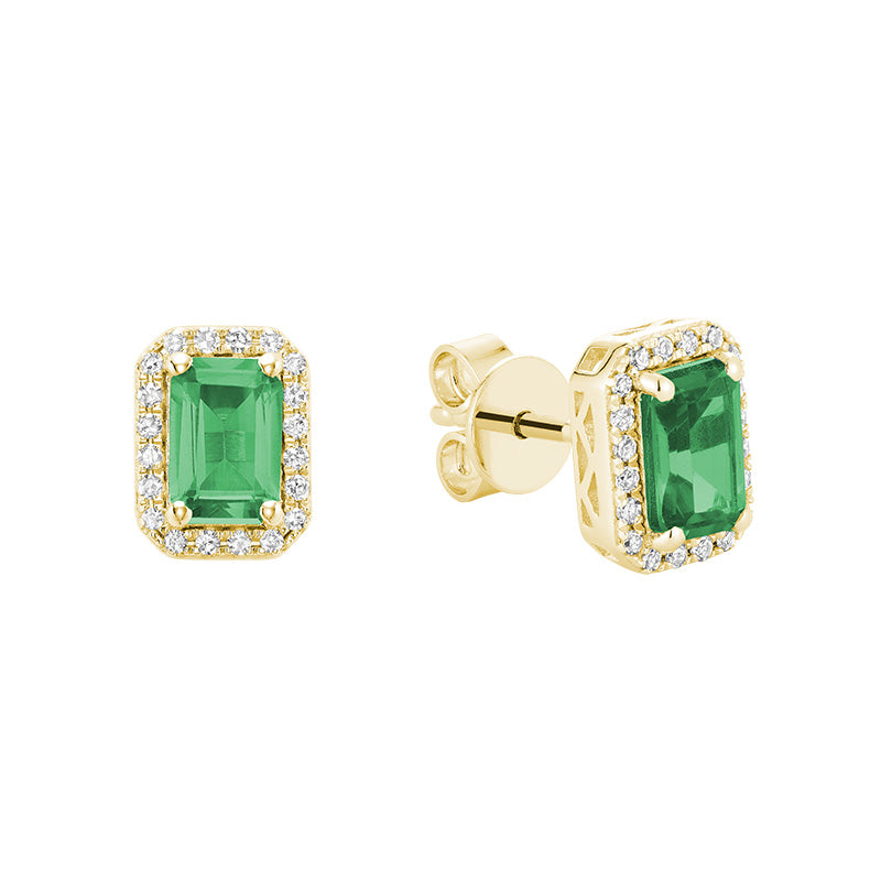 Emerald Cut Colored Stone & Diamond Halo Stud Earrings