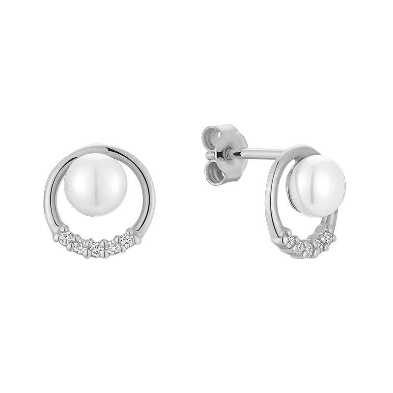 Elegant Circle Of Life Diamond & Pearl Stud Earrings