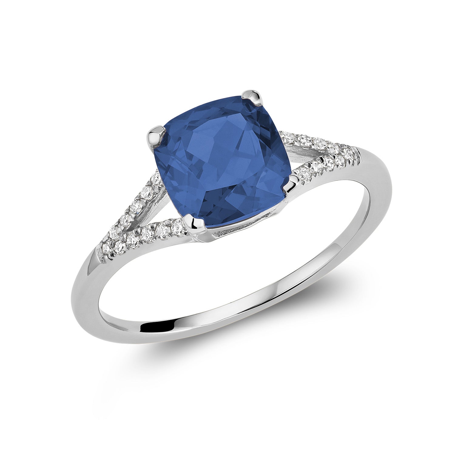 Cushion Created Blue Sapphire Diamond Ring