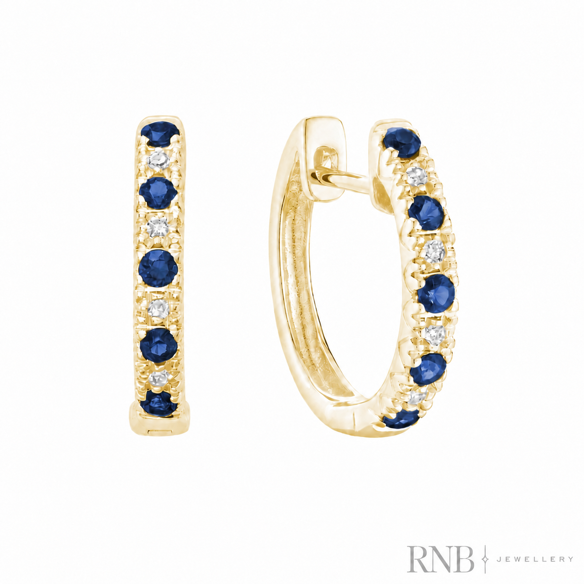 Precious Stone & Diamond Huggie Earrings - Blue Sapphire - Yellow Gold - 13-041030YBS