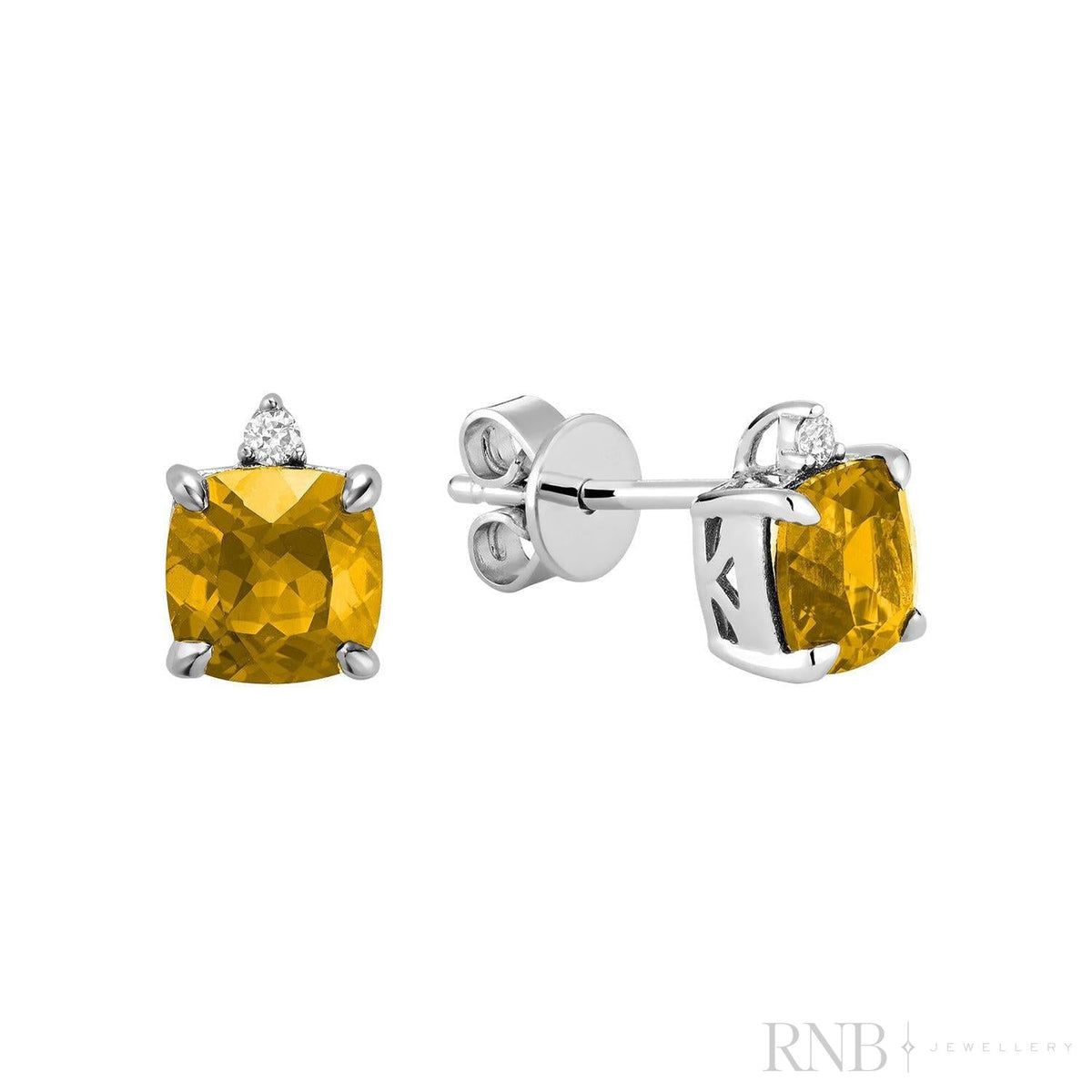 Cushion Cut Citrine & Diamond Stud Earrings - White Gold