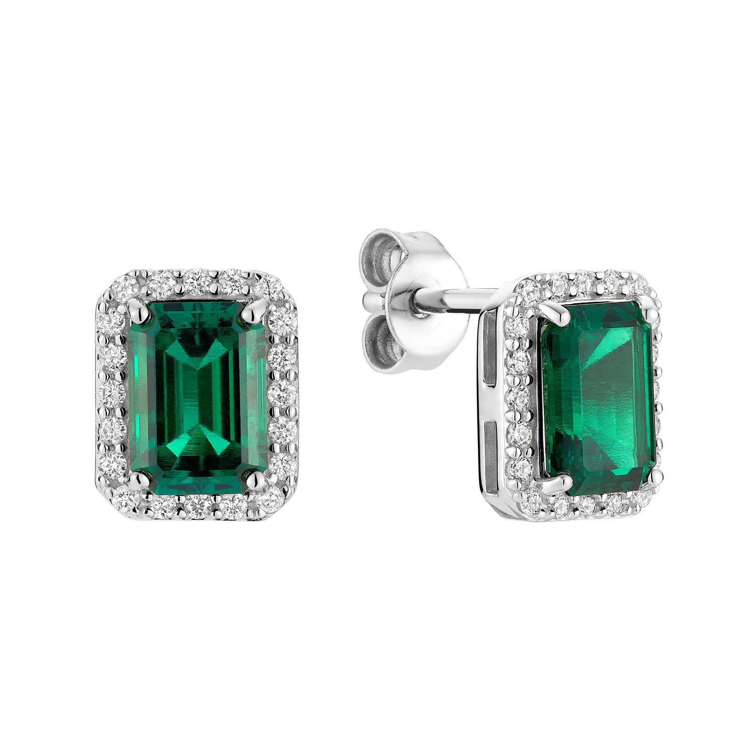 Emerald Cut & Diamond Halo Stud Earrings