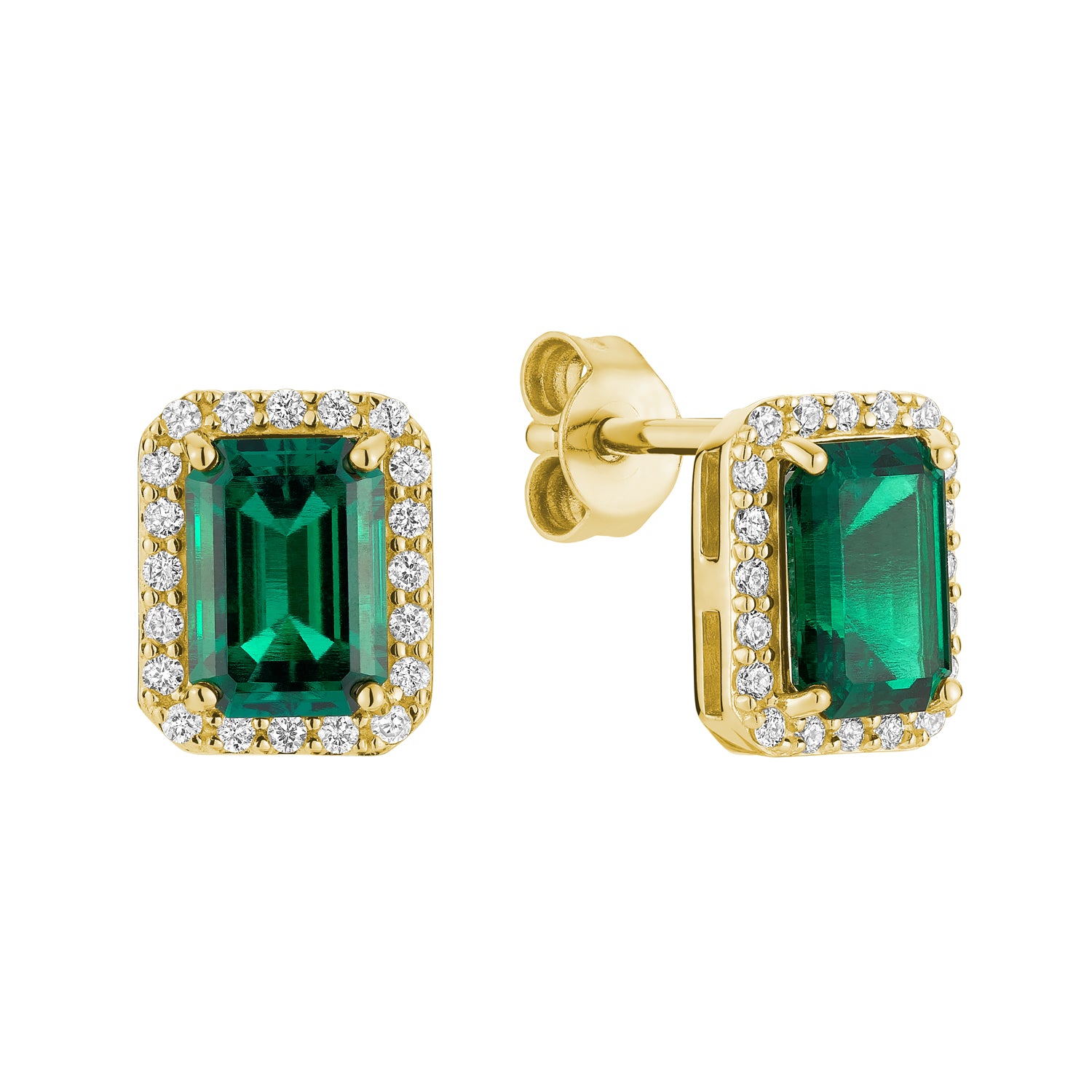 Emerald Cut & Diamond Halo Stud Earrings