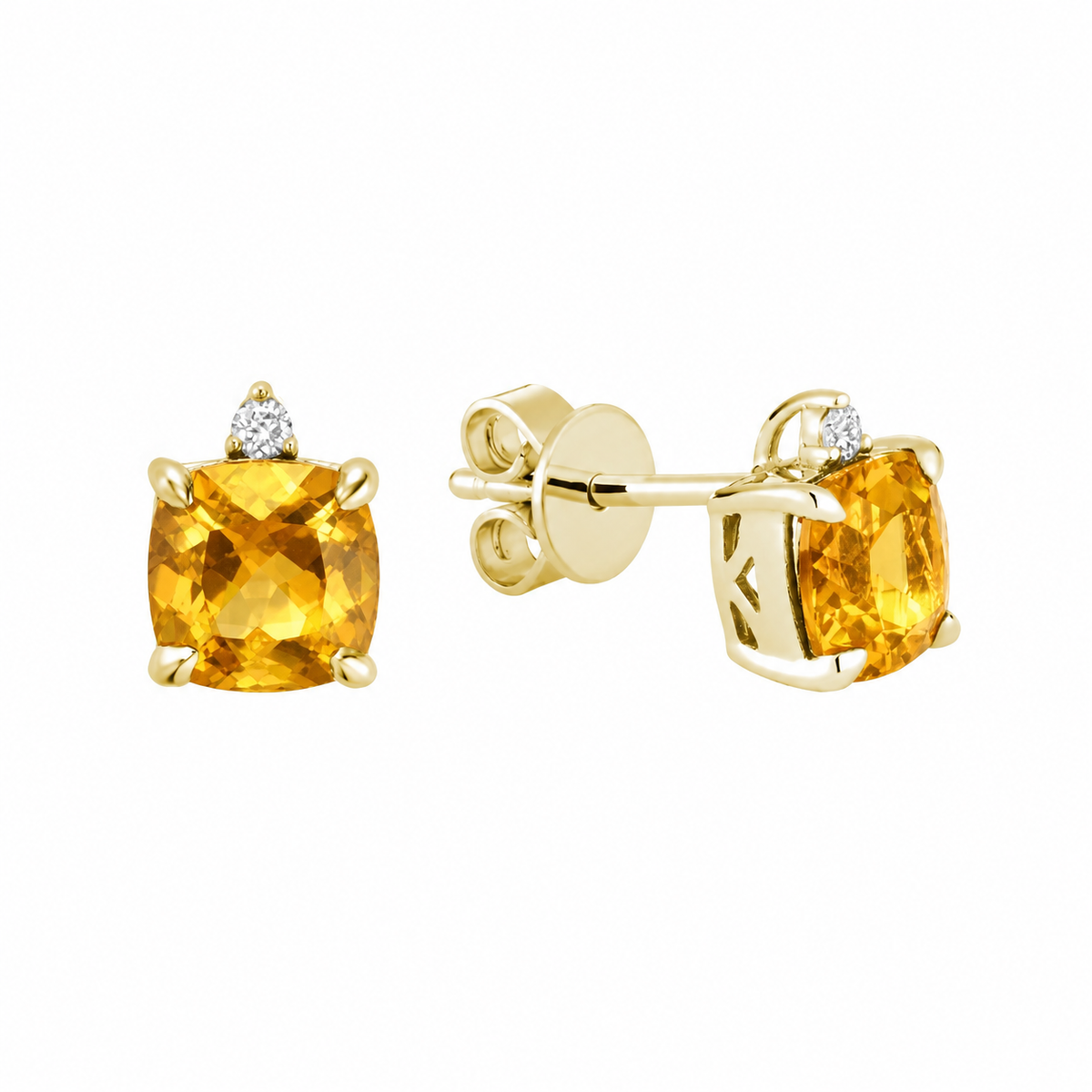 Cushion Cut Citrine & Diamond Stud Earrings - Yellow Gold